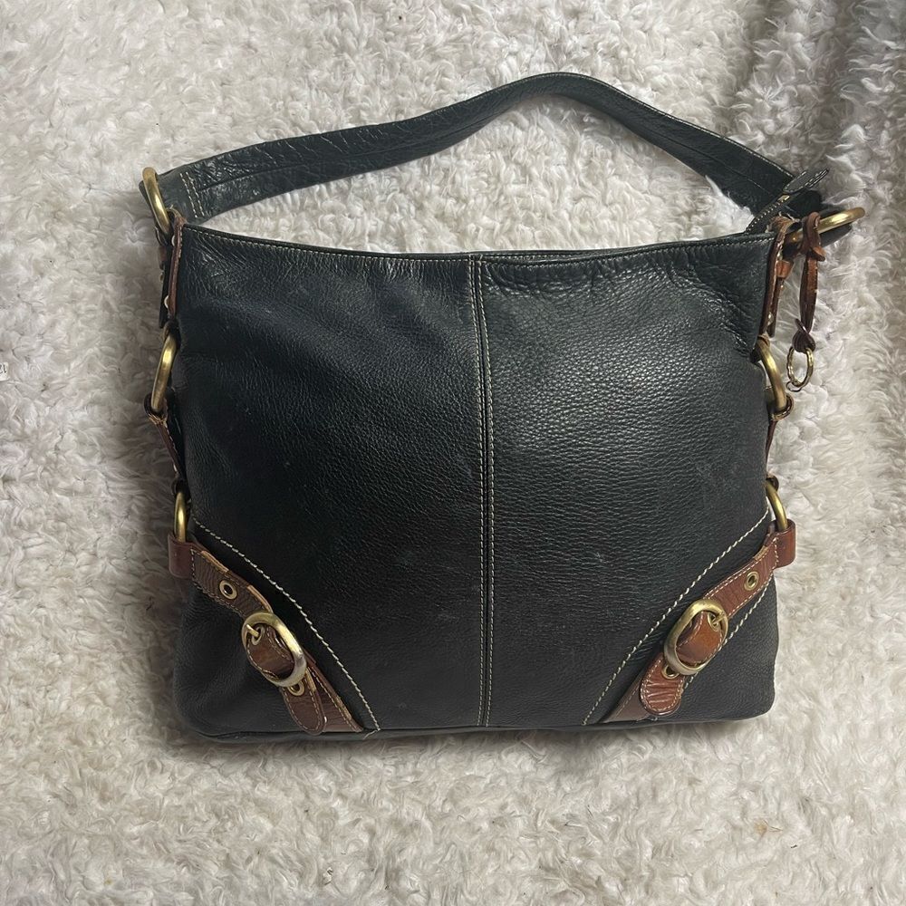 Luce pebble leather black large shoulder bag brown leather accents